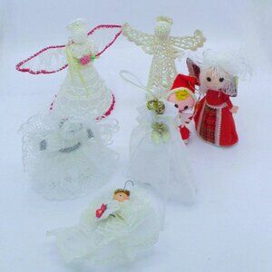 Vtg Crocheted Angel Felt Christmas Ornaments Tree Topperset 7